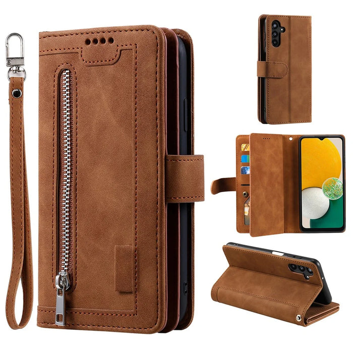 For Samsung Galaxy A37 5G Case 9 Card Slots Zipper Wallet PU Leather Phone Cover with Wrist Strap - Brown - 1