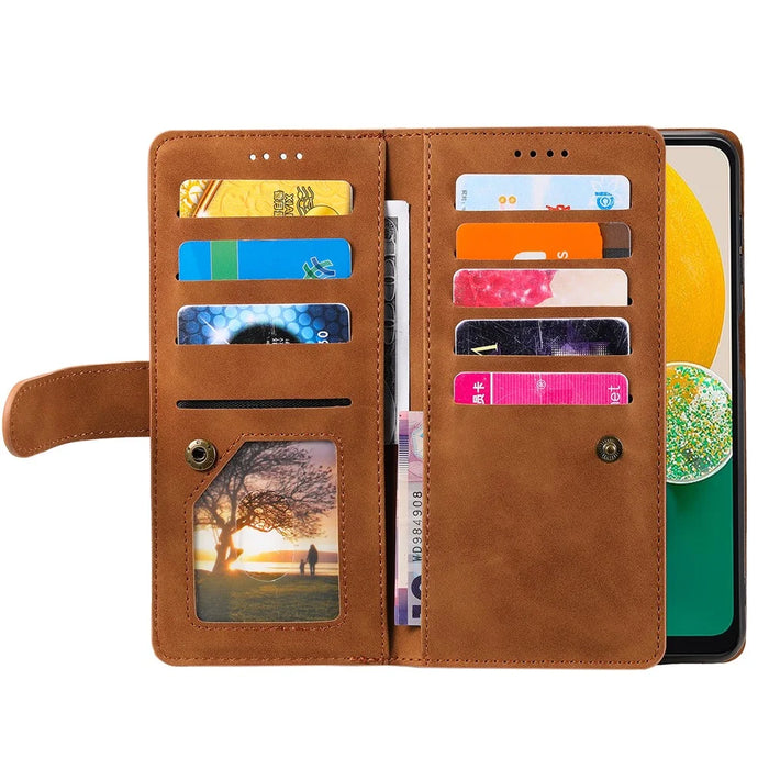 For Samsung Galaxy A37 5G Case 9 Card Slots Zipper Wallet PU Leather Phone Cover with Wrist Strap - Brown - 2