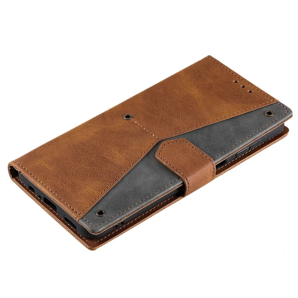 For Samsung Galaxy A37 5G Leather Case Splicing Stitching Wallet Phone Cover with Wrist Strap - Brown - 4