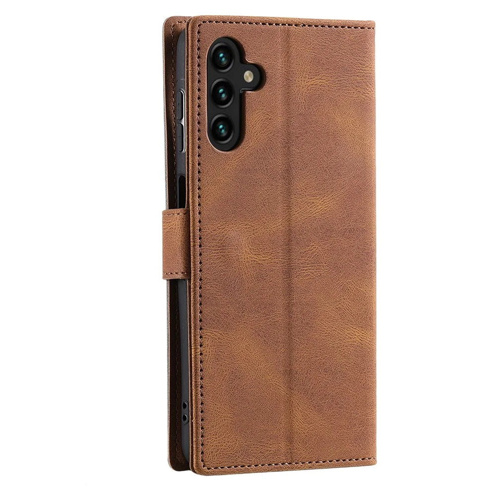 For Samsung Galaxy A37 5G Leather Case Splicing Stitching Wallet Phone Cover with Wrist Strap - Brown - 7