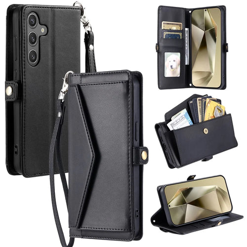 For Samsung Galaxy A37 5G Leather Case with Wrist Strap Wallet Stand Phone Cover - Black - 1