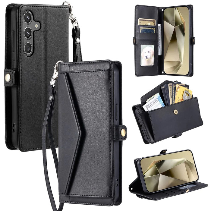 For Samsung Galaxy A37 5G Leather Case with Wrist Strap Wallet Stand Phone Cover - Black - 1