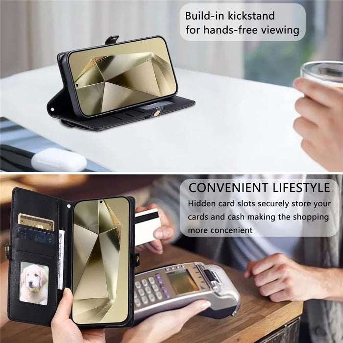 For Samsung Galaxy A37 5G Leather Case with Wrist Strap Wallet Stand Phone Cover - Black - 7