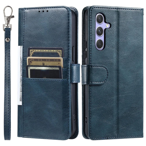 For Samsung Galaxy A37 5G Case 6 Card Slots PU Leather Anti-Fall Phone Cover with Wrist Strap - Blackish Green - 1