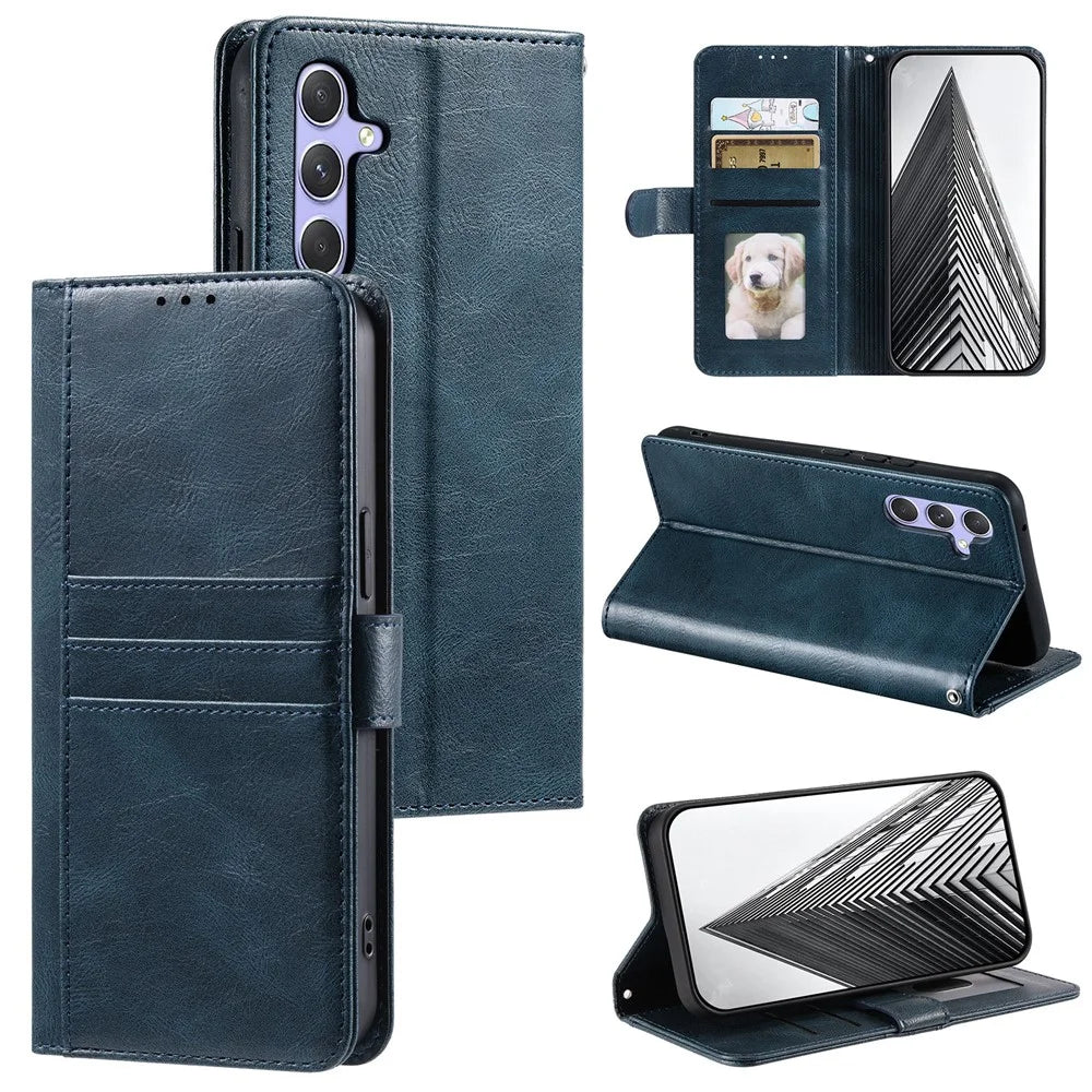 For Samsung Galaxy A37 5G Case 6 Card Slots PU Leather Anti-Fall Phone Cover with Wrist Strap - Blackish Green - 6