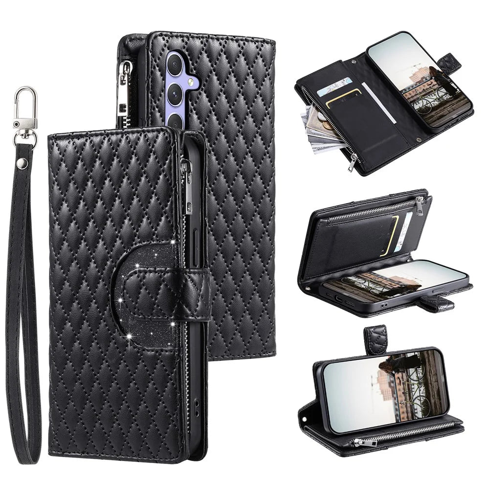 For Samsung Galaxy A37 5G Case Zipper Pocket Glitter Leather Phone Cover with Wrist Strap - Black - 1