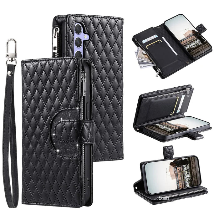 For Samsung Galaxy A37 5G Case Zipper Pocket Glitter Leather Phone Cover with Wrist Strap - Black - 1