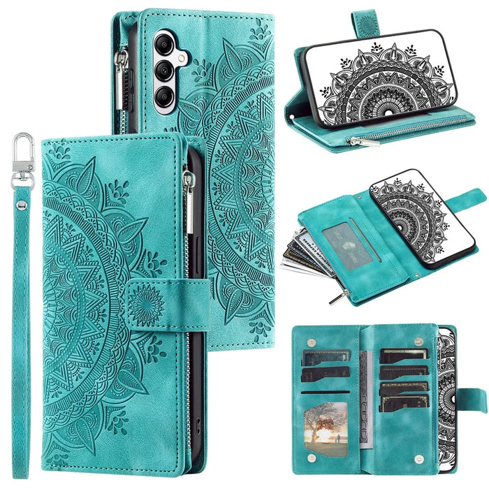 For Samsung Galaxy A37 5G Wallet Case Mandala Flower Pattern PU Leather Phone Cover with Wrist Strap - Mint Green - 1