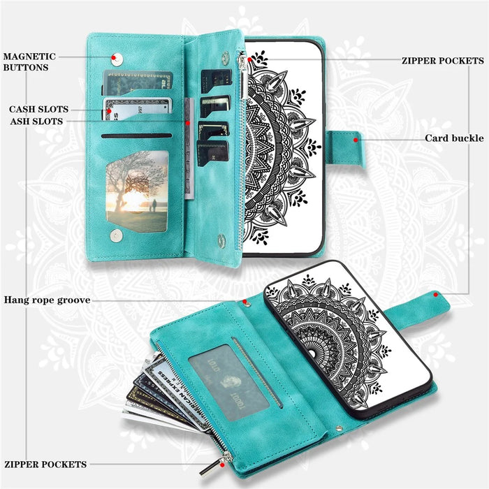 For Samsung Galaxy A37 5G Wallet Case Mandala Flower Pattern PU Leather Phone Cover with Wrist Strap - Mint Green - 4