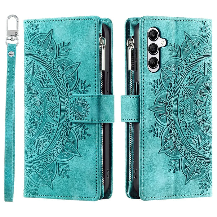 For Samsung Galaxy A37 5G Wallet Case Mandala Flower Pattern PU Leather Phone Cover with Wrist Strap - Mint Green - 6