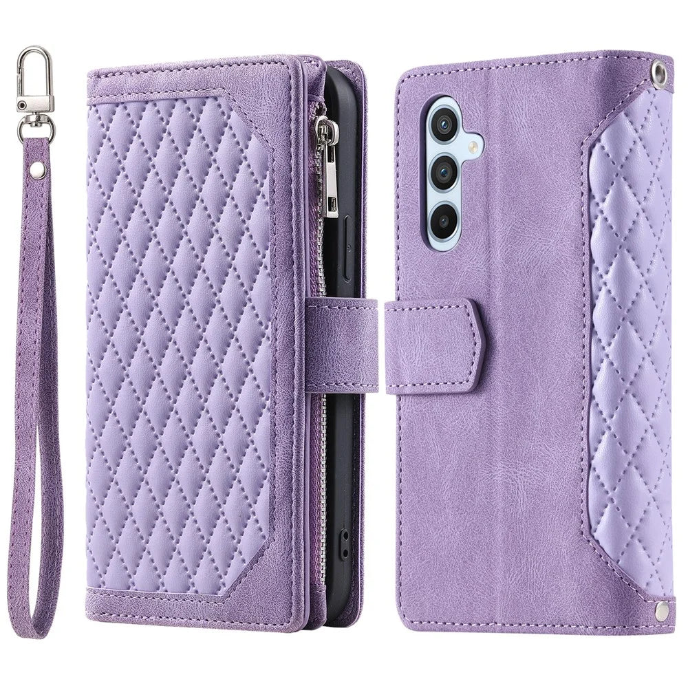 For Samsung Galaxy A37 5G Wallet Case Rhombus Stitching Line PU Leather Phone Cover with Wrist Strap - Purple - 5