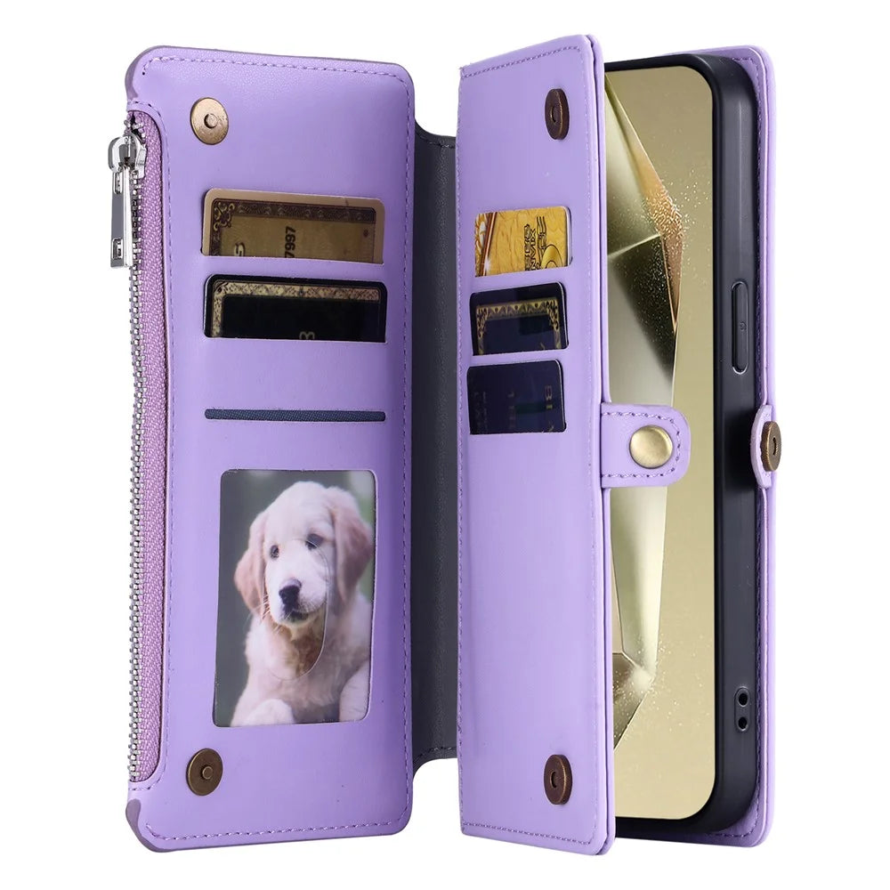 For Samsung Galaxy A37 5G Case TPU + PU Leather Wallet Phone Cover with Wrist Strap - Purple - 3