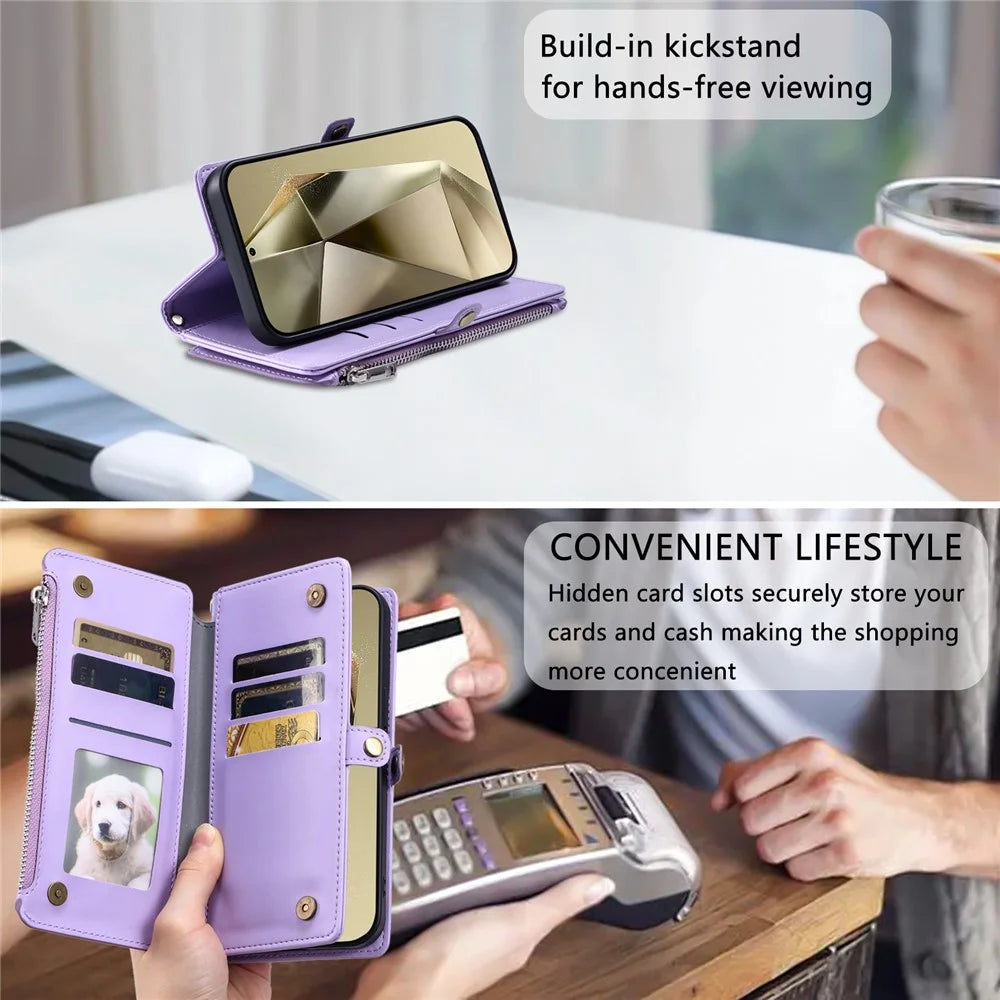 For Samsung Galaxy A37 5G Case TPU + PU Leather Wallet Phone Cover with Wrist Strap - Purple - 7
