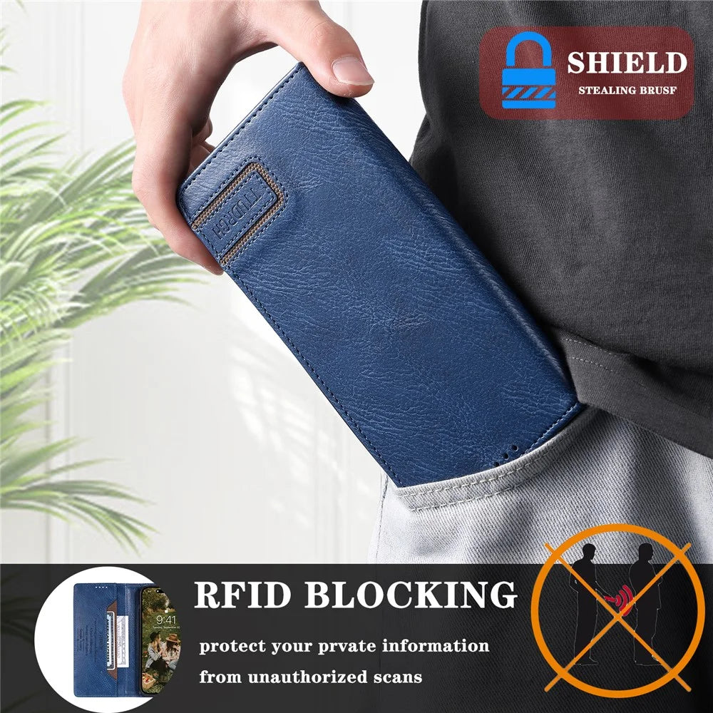 TTUDRCH Style 007 For Samsung Galaxy A37 5G Leather Case RFID Blocking Wallet Stand Phone Cover - Blue - 5