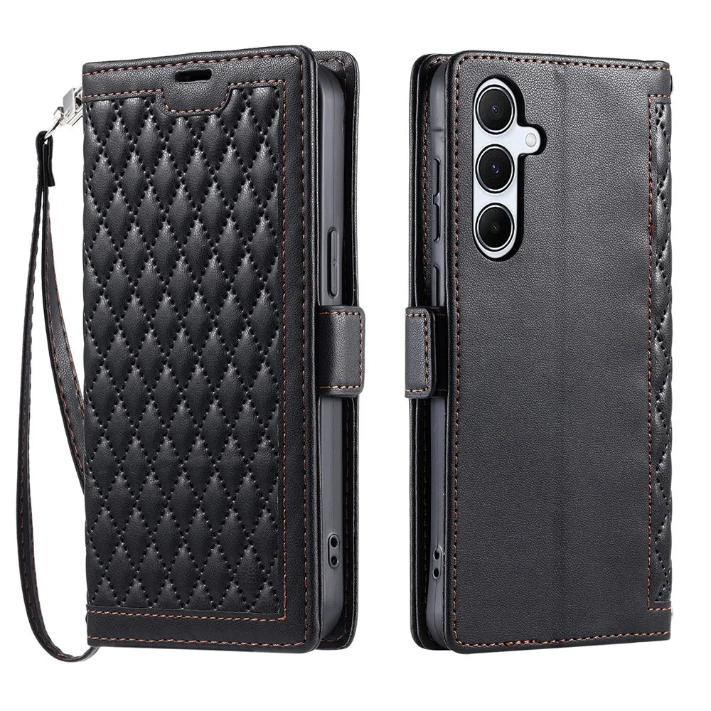 For Samsung Galaxy A37 5G Leather Case Rhombus Texture Wallet Stand Phone Cover with Wrist Strap - Black - 1
