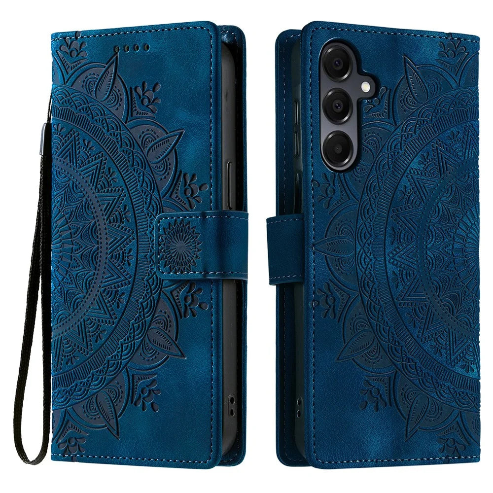 For Samsung Galaxy A37 5G Case Imprinted Totem Skin Feel Wallet Leather Phone Cover with Hand Strap - Blue - 1