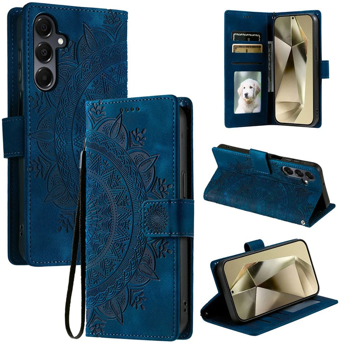 For Samsung Galaxy A37 5G Case Imprinted Totem Skin Feel Wallet Leather Phone Cover with Hand Strap - Blue - 7