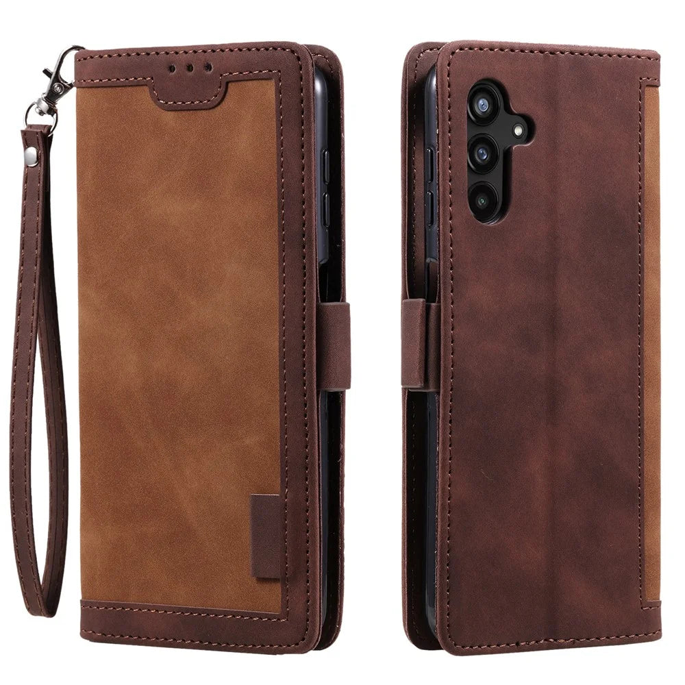 For Samsung Galaxy A37 5G Case RFID Blocking Wallet Stand Leather Phone Cover with Wrist Strap - Brown - 1