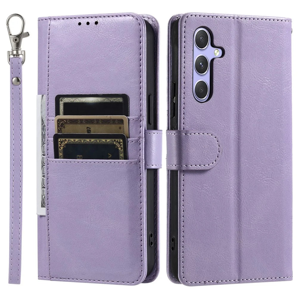 For Samsung Galaxy A57 5G Case 6 Card Slots PU Leather Anti-Fall Phone Cover with Wrist Strap - Purple - 1