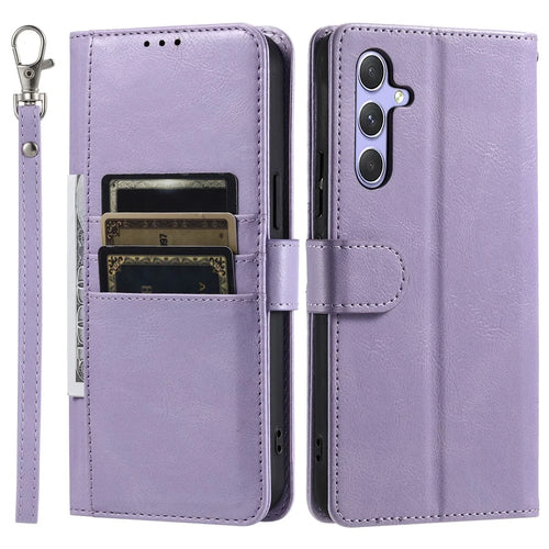 For Samsung Galaxy A57 5G Case 6 Card Slots PU Leather Anti-Fall Phone Cover with Wrist Strap - Purple - 1