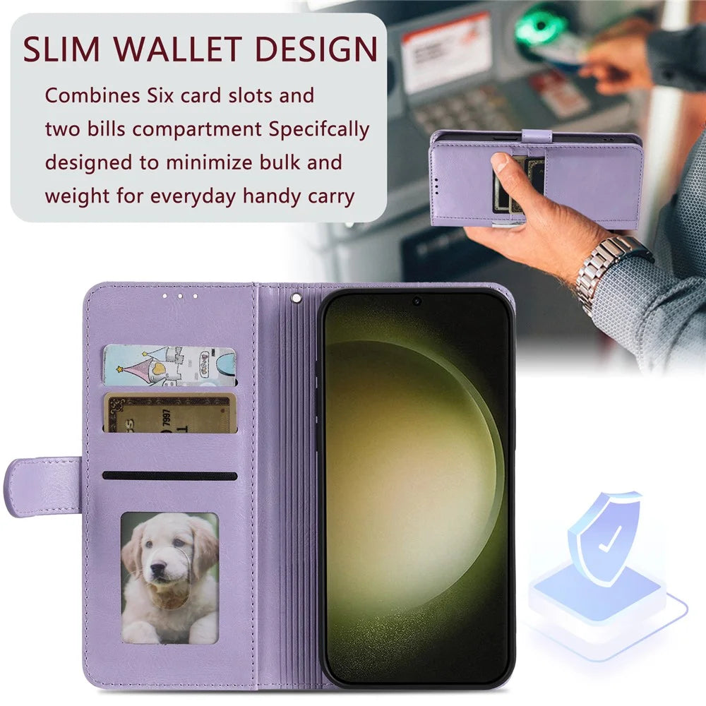 For Samsung Galaxy A57 5G Case 6 Card Slots PU Leather Anti-Fall Phone Cover with Wrist Strap - Purple - 5