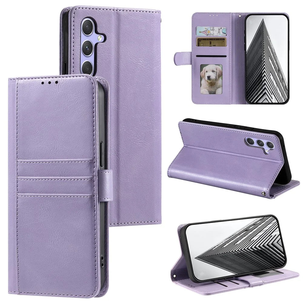 For Samsung Galaxy A57 5G Case 6 Card Slots PU Leather Anti-Fall Phone Cover with Wrist Strap - Purple - 6