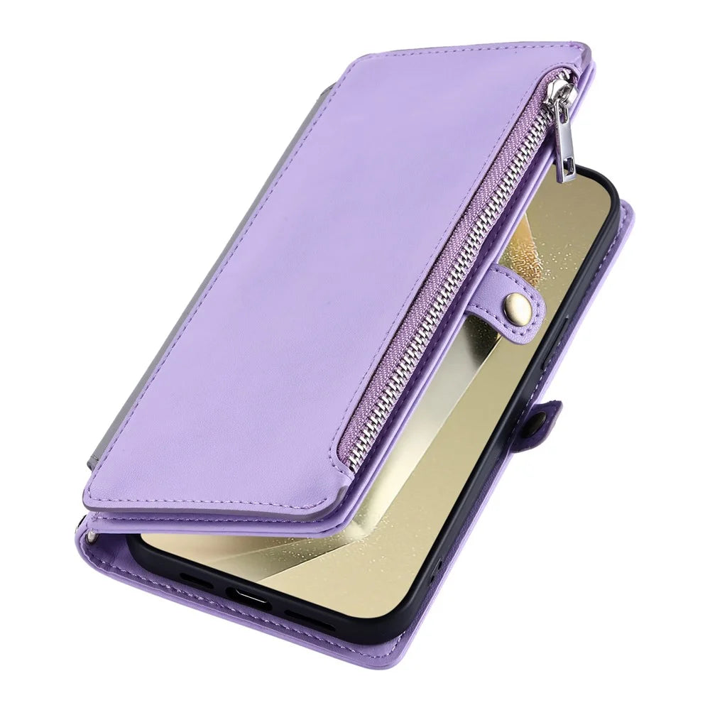 For Samsung Galaxy A57 5G Case TPU + PU Leather Wallet Phone Cover with Wrist Strap - Purple - 6