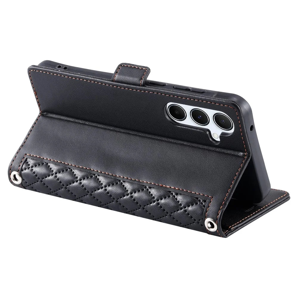 For Samsung Galaxy A57 5G Leather Case Rhombus Texture Wallet Stand Phone Cover with Wrist Strap - Black - 4