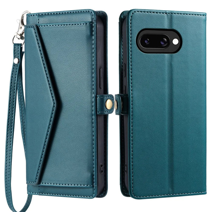 For Google Pixel 10a Leather Case with Wrist Strap Wallet Stand Phone Cover - Blackish Green - 1