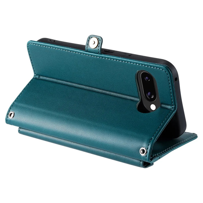 For Google Pixel 10a Leather Case with Wrist Strap Wallet Stand Phone Cover - Blackish Green - 4