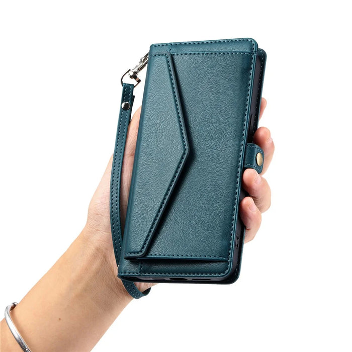 For Google Pixel 10a Leather Case with Wrist Strap Wallet Stand Phone Cover - Blackish Green - 6