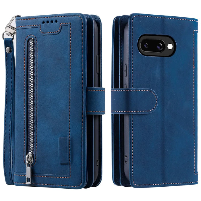 For Google Pixel 10a Case 9 Card Slots Zipper Wallet PU Leather Phone Cover with Wrist Strap - Blue - 1