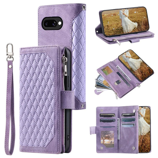 For Google Pixel 10a Wallet Case Rhombus Stitching Line PU Leather Phone Cover with Wrist Strap - Purple - 1