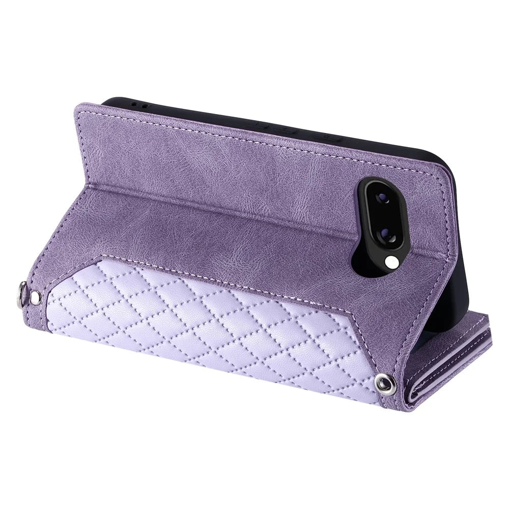 For Google Pixel 10a Wallet Case Rhombus Stitching Line PU Leather Phone Cover with Wrist Strap - Purple - 3