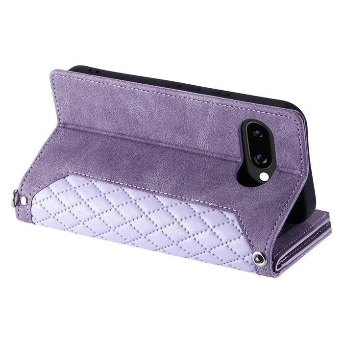 For Google Pixel 10a Wallet Case Rhombus Stitching Line PU Leather Phone Cover with Wrist Strap - Purple - 3