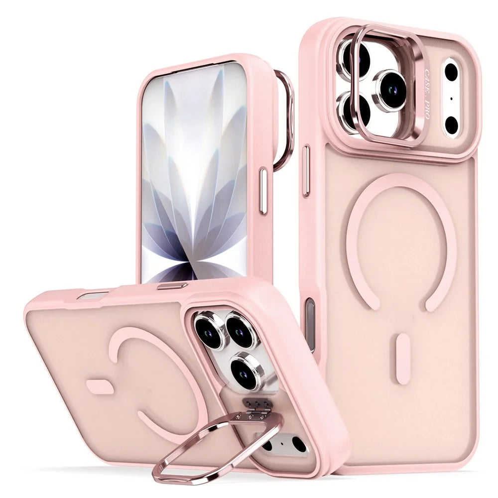 For iPhone 17 Pro Case Foldable Kickstand Matte PC + TPU Phone Cover Compatible with MagSafe - Pink - 1