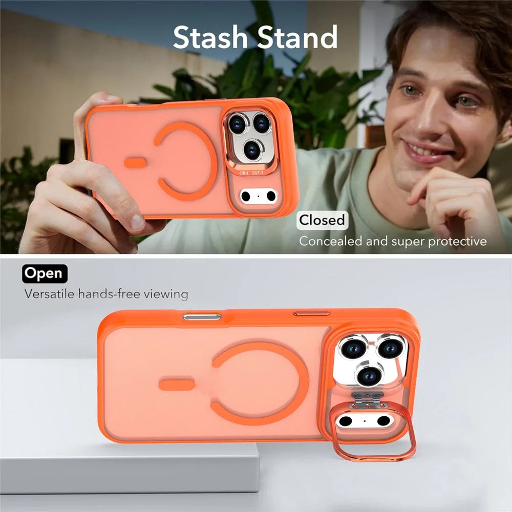 For iPhone 17 Pro Case Foldable Kickstand Matte PC + TPU Phone Cover Compatible with MagSafe - Pink - 3