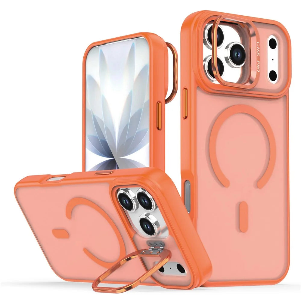 For iPhone 17 Pro Max Case Foldable Kickstand Matte PC + TPU Phone Cover Compatible with MagSafe - Orange - 1