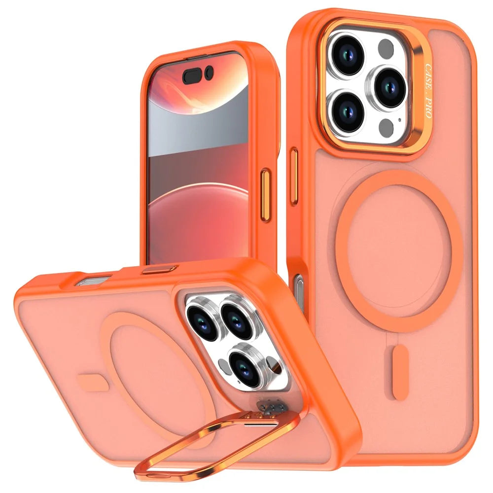 For iPhone 16 Pro Max Case Foldable Kickstand Matte PC + TPU Phone Cover Compatible with MagSafe - Orange - 1