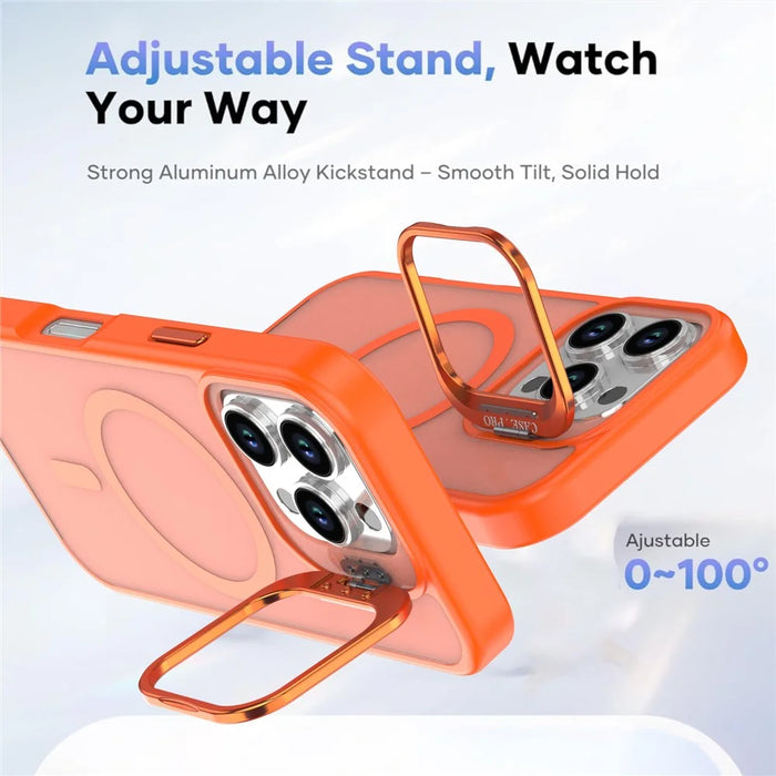 For iPhone 16 Pro Max Case Foldable Kickstand Matte PC + TPU Phone Cover Compatible with MagSafe - Orange - 3