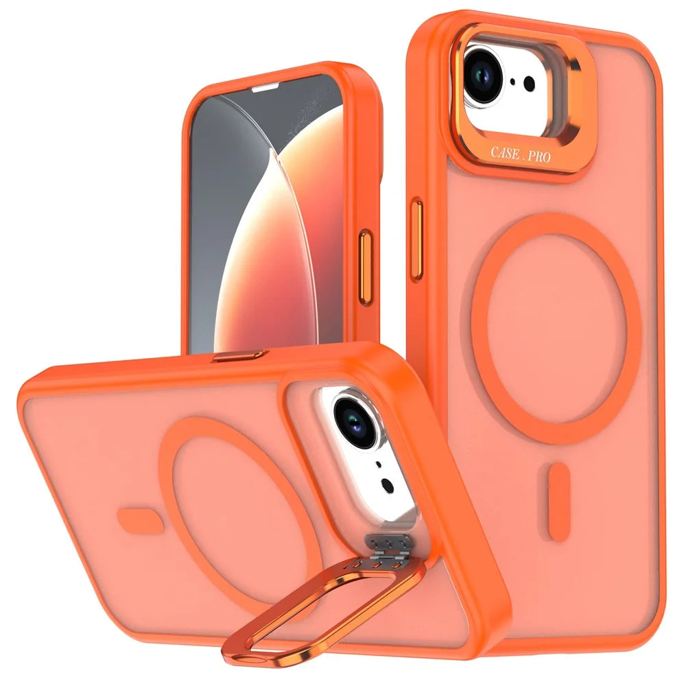 For iPhone 17e / 16e Case Foldable Kickstand Matte PC + TPU Phone Cover Compatible with MagSafe - Orange - 1