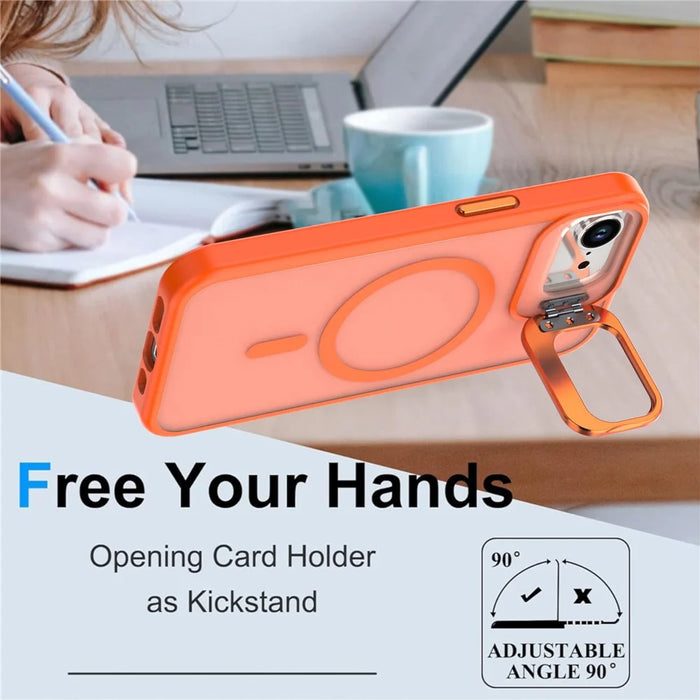 For iPhone 17e / 16e Case Foldable Kickstand Matte PC + TPU Phone Cover Compatible with MagSafe - Orange - 2