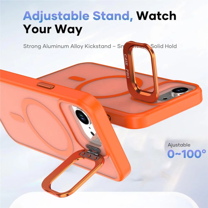 For iPhone 17e / 16e Case Foldable Kickstand Matte PC + TPU Phone Cover Compatible with MagSafe - Orange - 3