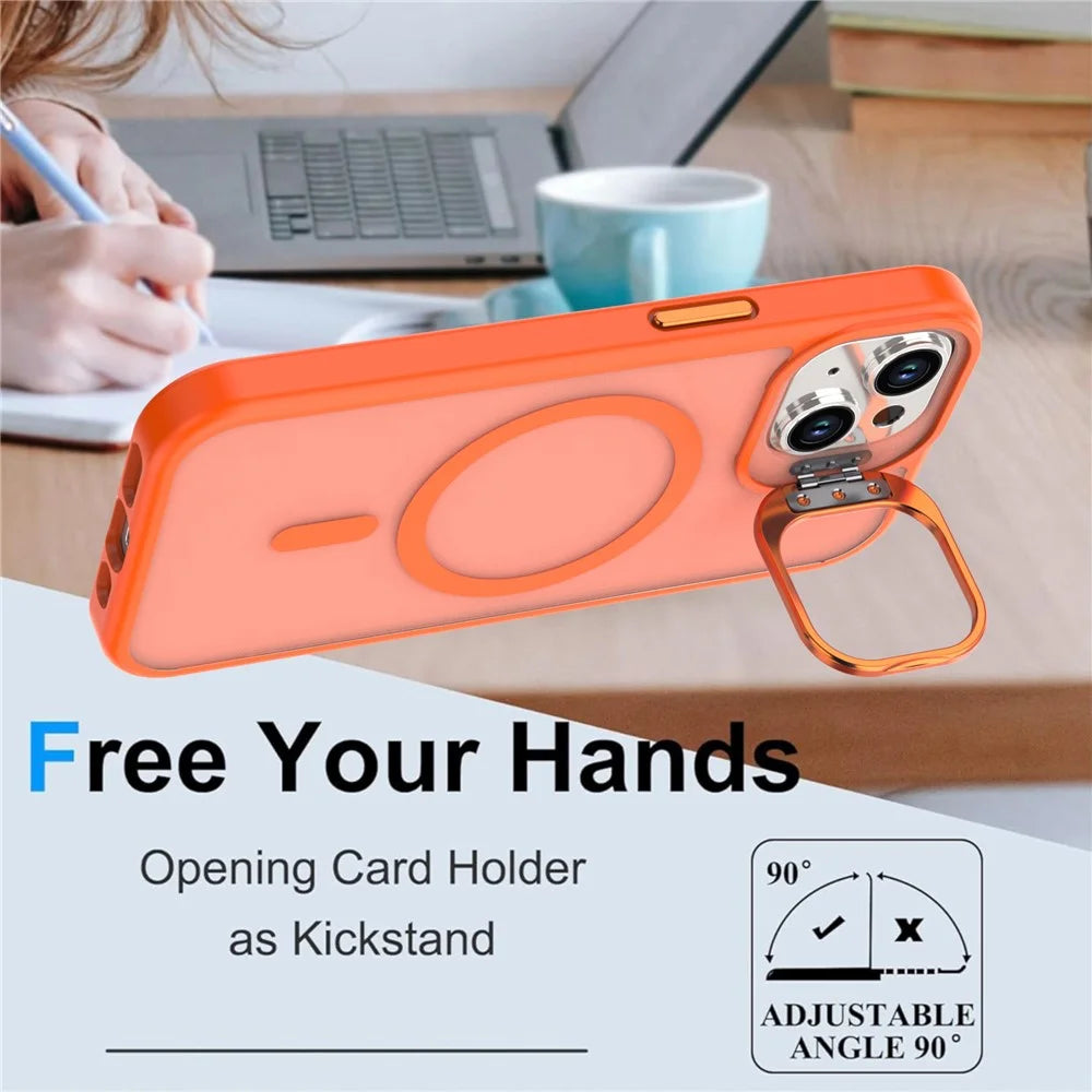 For iPhone 14 / 13 Case Foldable Kickstand Matte PC + TPU Phone Cover Compatible with MagSafe - Orange - 2