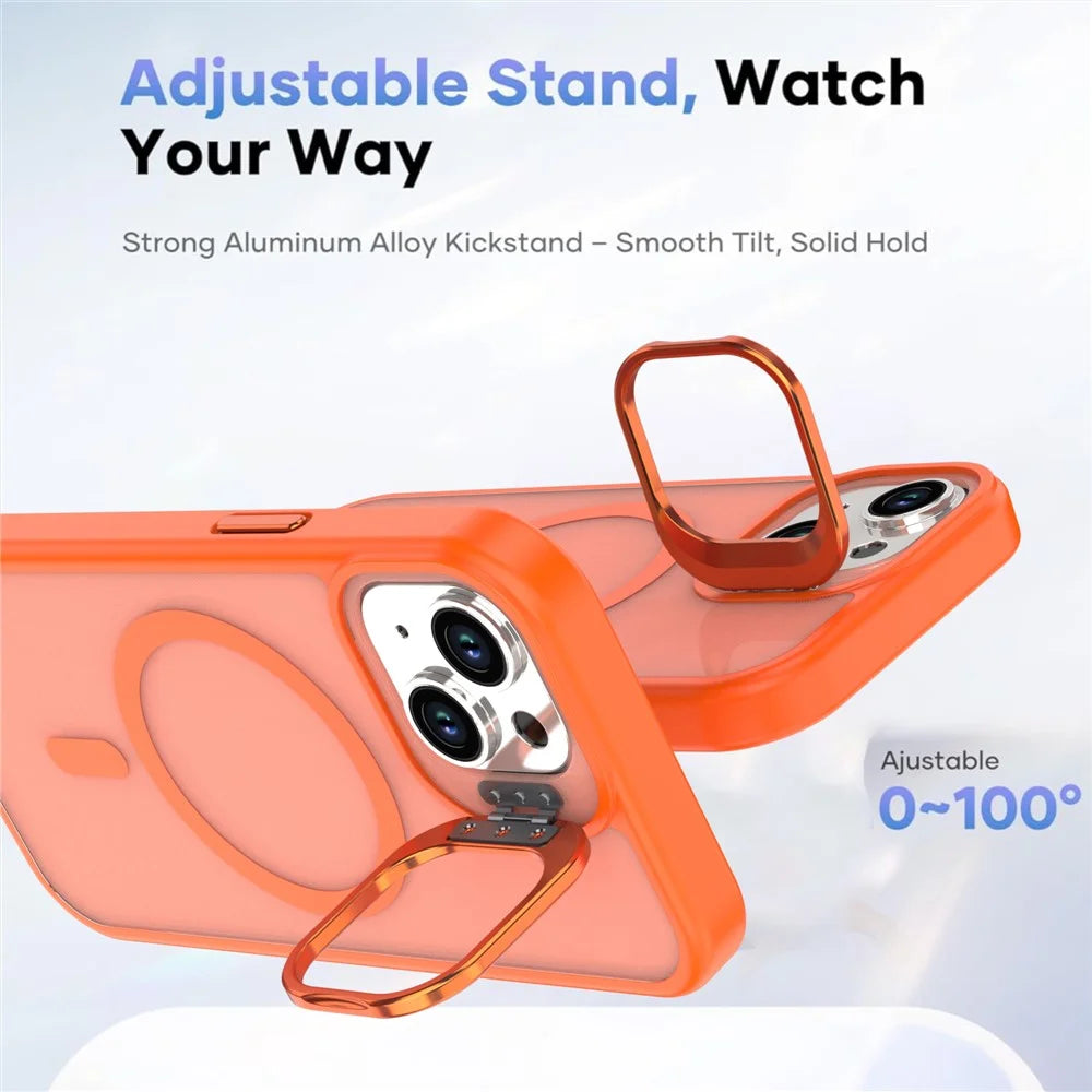 For iPhone 14 / 13 Case Foldable Kickstand Matte PC + TPU Phone Cover Compatible with MagSafe - Orange - 3