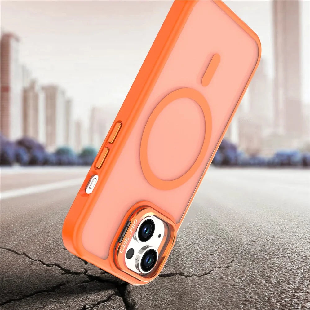 For iPhone 14 / 13 Case Foldable Kickstand Matte PC + TPU Phone Cover Compatible with MagSafe - Orange - 6