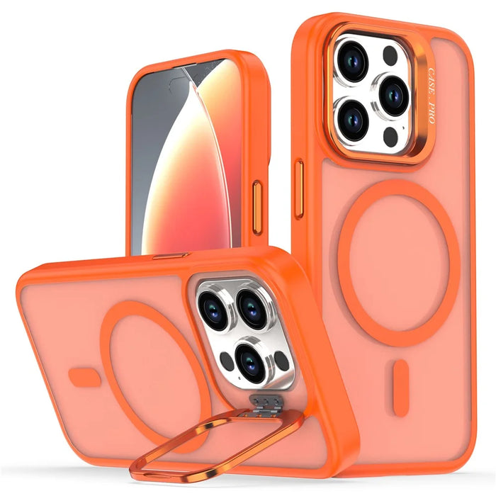 For iPhone 13 Pro Max Case Foldable Kickstand Matte PC + TPU Phone Cover Compatible with MagSafe - Orange - 1