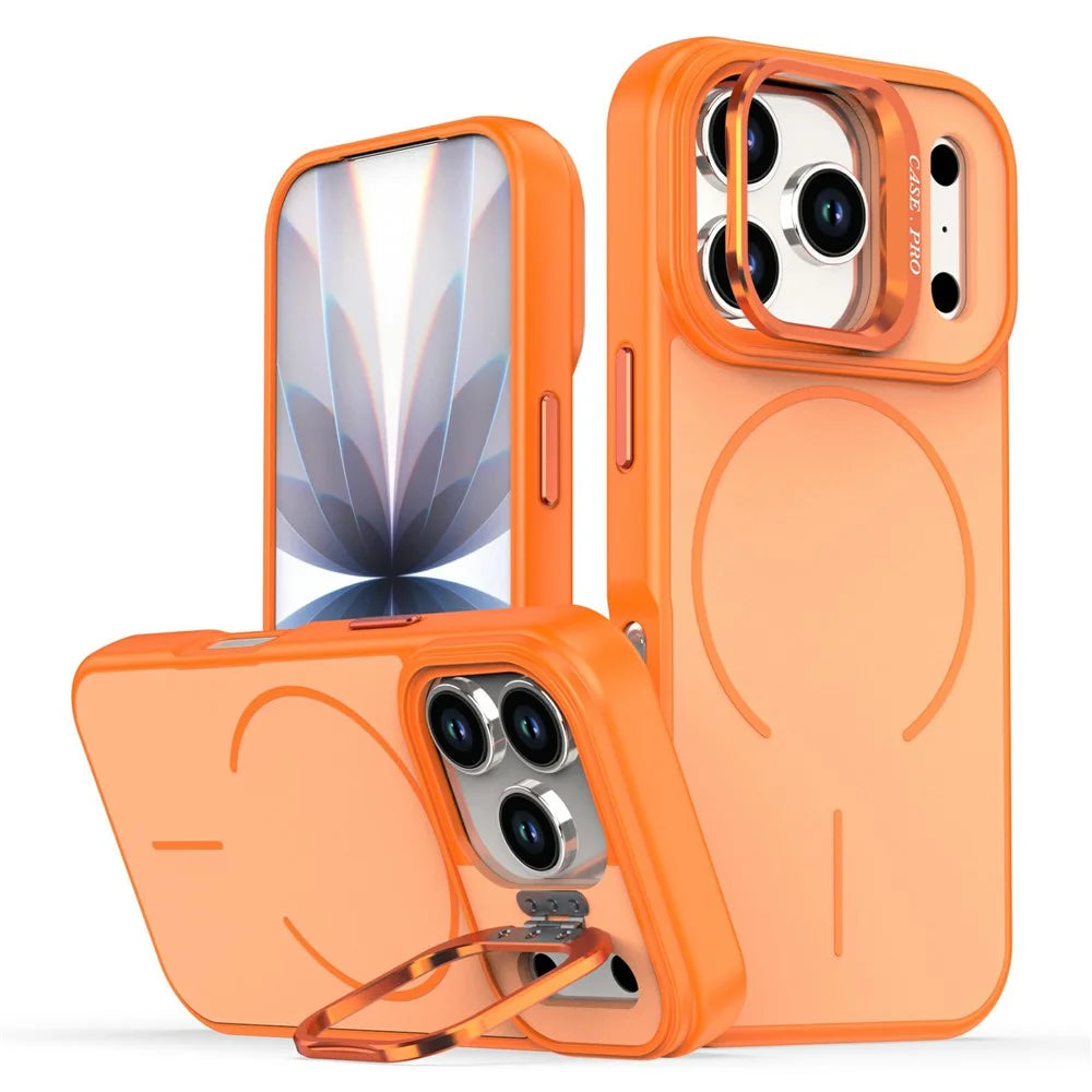 For iPhone 17 Pro Case Compatible with MagSafe Skin-touch PC + TPU Phone Cover with Foldable Kickstand - Orange - 1