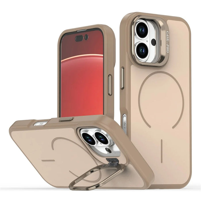 For iPhone 16 Case Compatible with MagSafe Skin-touch PC + TPU Phone Cover with Foldable Kickstand - Desert Gold - 1