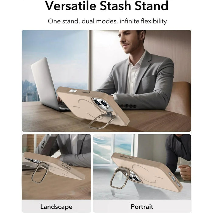 For iPhone 16 Case Compatible with MagSafe Skin-touch PC + TPU Phone Cover with Foldable Kickstand - Desert Gold - 7